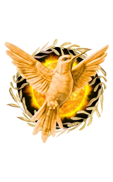 Goldener Vogel im Kreis aus Olivenblättern vor einem leuchtenden Hintergrund.