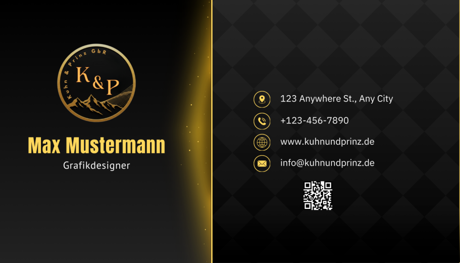 Visitenkarte von Max Mustermann mit Kontaktdaten und QR-Code.