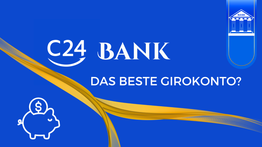 Logo der C24 Bank mit der Frage: "Das beste Girokonto?" und einem Sparschwein-Symbol.