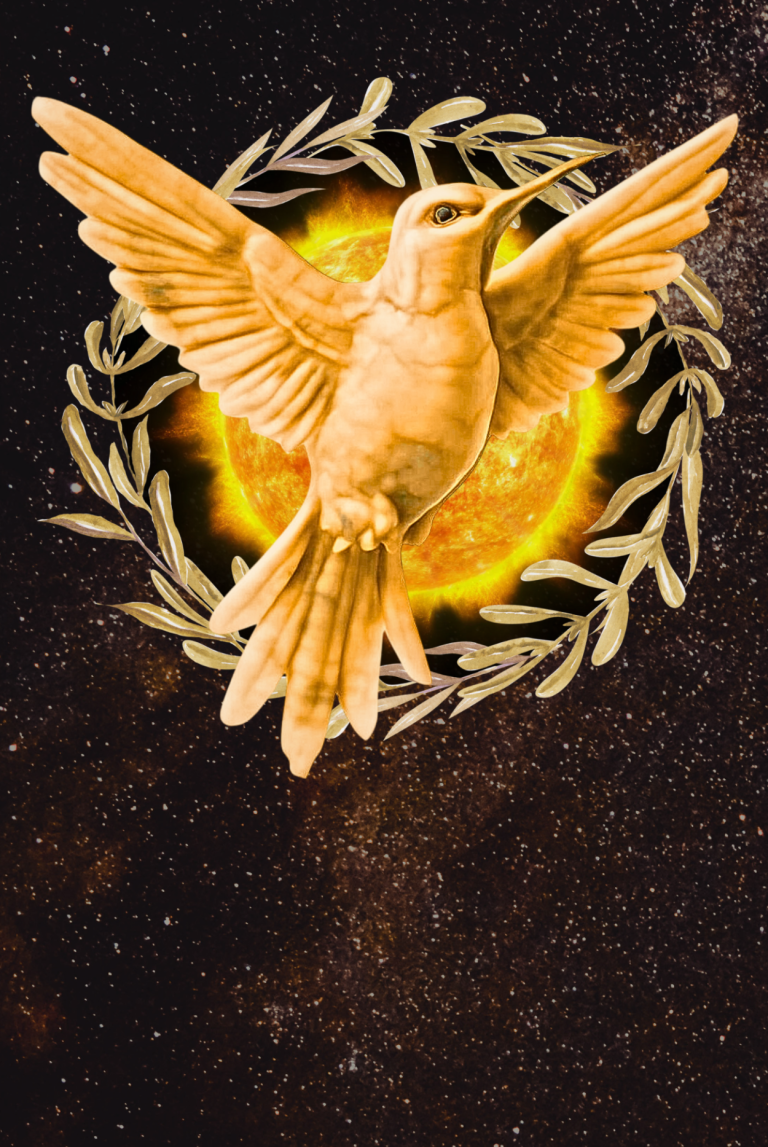 Goldener Vogel mit ausgebreitete Flügel über einem strahlenden Sonnenmotiv.