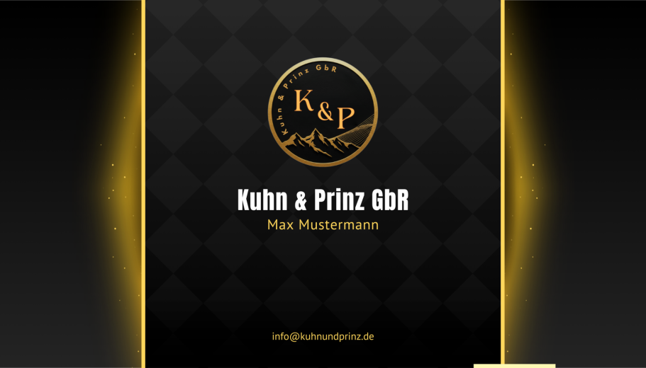 Schwarzer Hintergrund mit goldenem Logo „K&P“ und Kontaktinformationen.